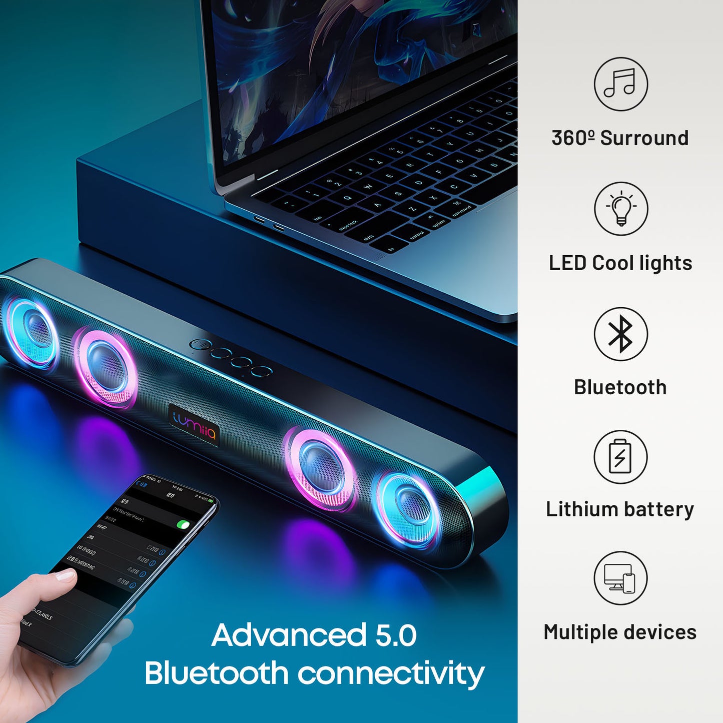 Lumiia Altavoz Bluetooth portátil, práctico para interiores y exteriores, escritorio, inalámbrico, ideal para teléfonos móviles, cine en casa y ordenadores, altavoz de viaje recargable