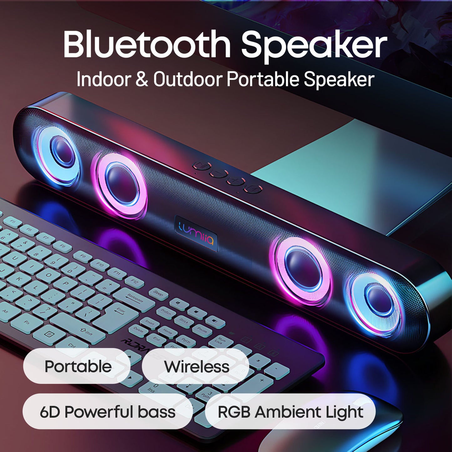 Lumiia Altavoz Bluetooth portátil, práctico para interiores y exteriores, escritorio, inalámbrico, ideal para teléfonos móviles, cine en casa y ordenadores, altavoz de viaje recargable