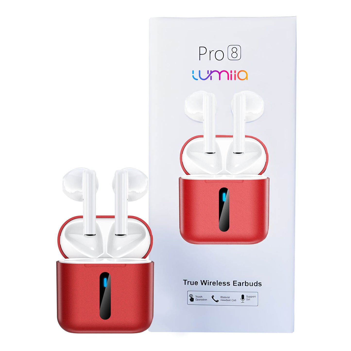 Lumiia Pro 8 Earbuds, True Wireless Earphones, HiFi Stereo Sound, Noise Reduction Headphones, Long battery White Earpods, Bluetooth Easy Connection Buds, Apple & Android Compatible