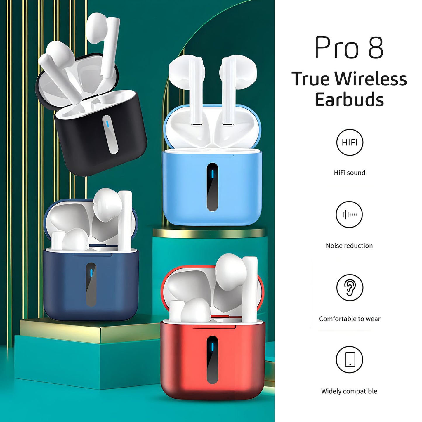 Lumiia Pro 8 Earbuds, True Wireless Earphones, HiFi Stereo Sound, Noise Reduction Headphones, Long battery White Earpods, Bluetooth Easy Connection Buds, Apple & Android Compatible