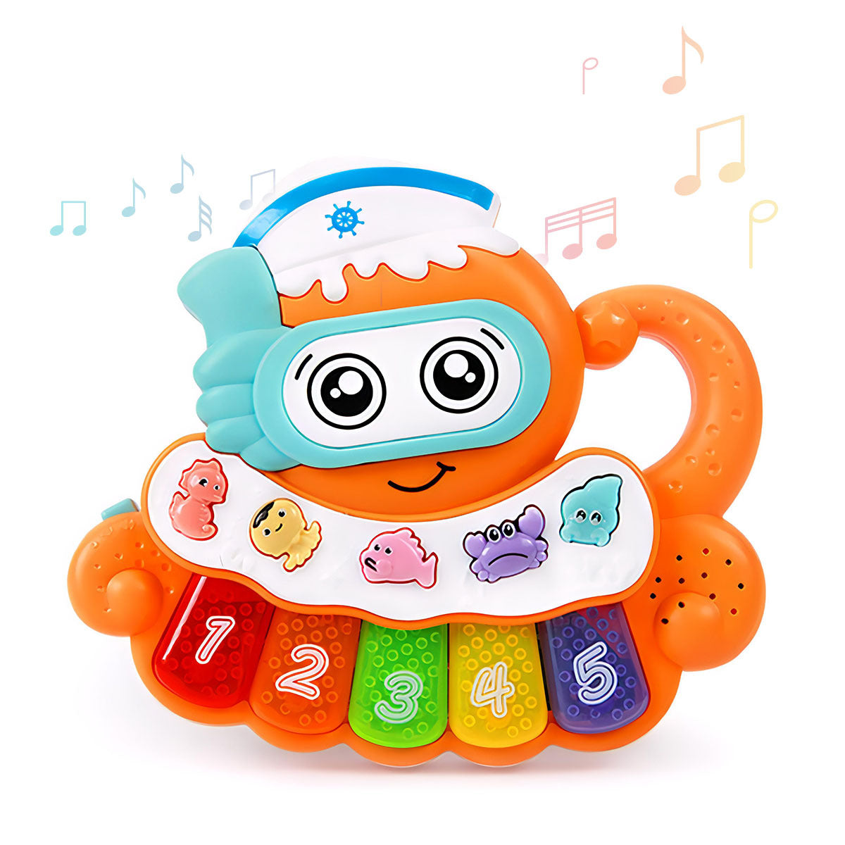 Lumiia Juguete musical para bebés, piano pulpo reproduce música, números y sonidos, teclado iluminado y botones de animales con tema oceánico, juego de aprendizaje electrónico para bebés y niños pequeños, mango incorporado