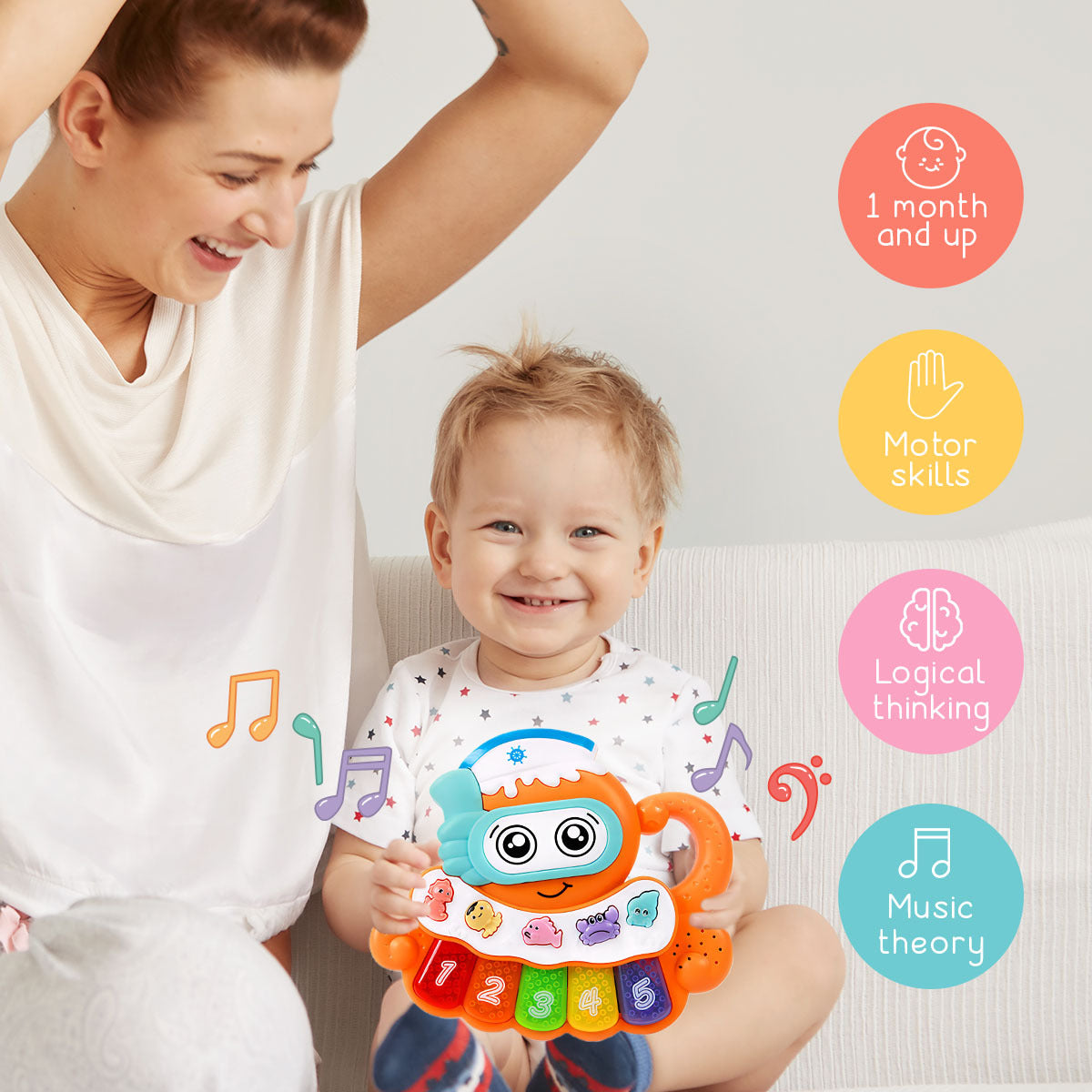 Lumiia Juguete musical para bebés, piano pulpo reproduce música, números y sonidos, teclado iluminado y botones de animales con tema oceánico, juego de aprendizaje electrónico para bebés y niños pequeños, mango incorporado