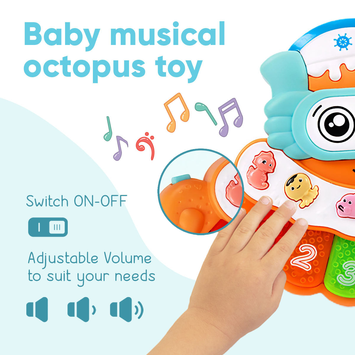 Lumiia Juguete musical para bebés, piano pulpo reproduce música, números y sonidos, teclado iluminado y botones de animales con tema oceánico, juego de aprendizaje electrónico para bebés y niños pequeños, mango incorporado