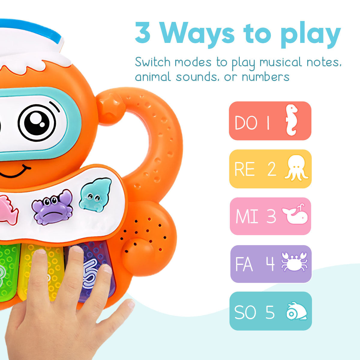 Lumiia Juguete musical para bebés, piano pulpo reproduce música, números y sonidos, teclado iluminado y botones de animales con tema oceánico, juego de aprendizaje electrónico para bebés y niños pequeños, mango incorporado