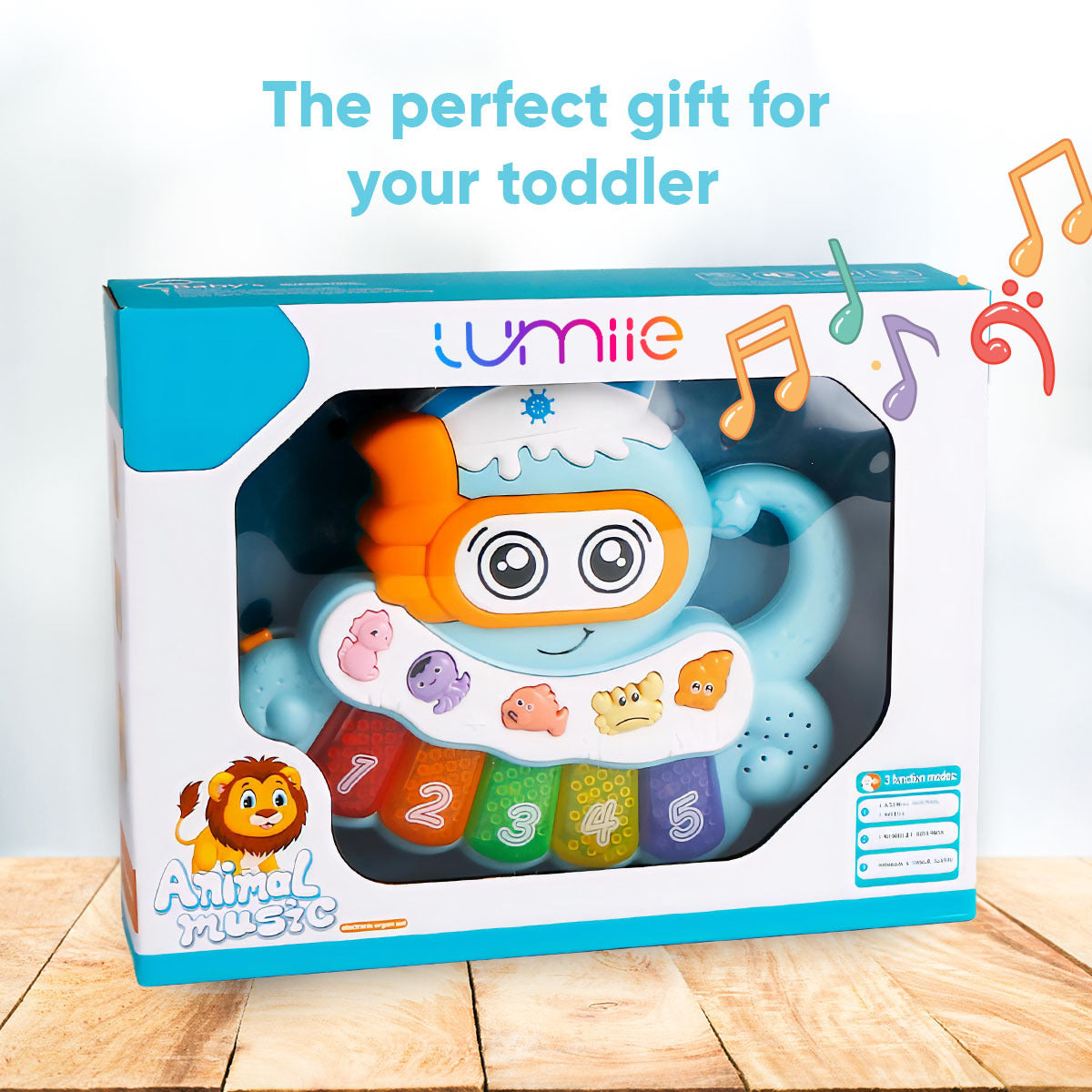 Lumiia Juguete musical para bebés, piano pulpo reproduce música, números y sonidos, teclado iluminado y botones de animales con tema oceánico, juego de aprendizaje electrónico para bebés y niños pequeños, mango incorporado